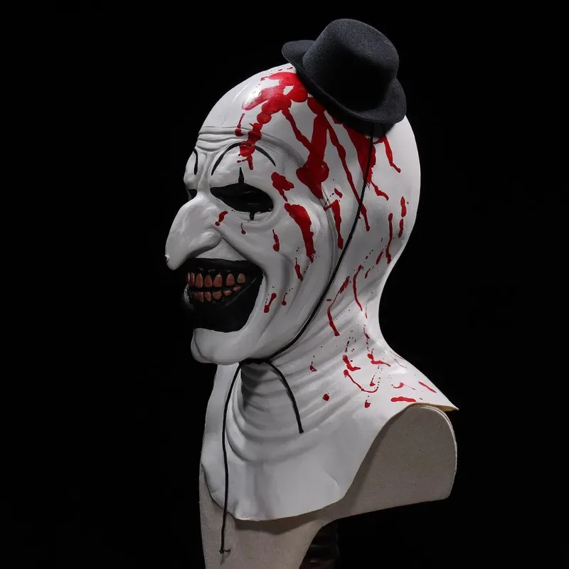 Arte terrorífico de terror, máscara de payaso, Cosplay, demonio sangriento espeluznante, sombrero de Joker malvado, casco de látex, accesorios de disfraz para fiesta de Halloween