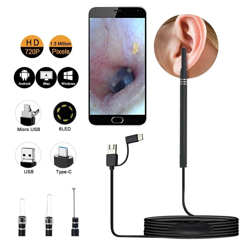 3.9mm Otoscope Digital Medico 3 in 1 Usb Ent Cleaning Endoscope 720P Mini Ear Scope Camera for Type c Android Phone PC Windows