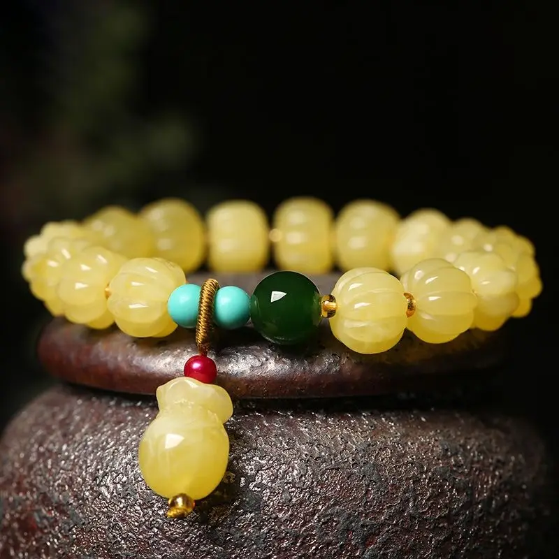 Natural Second Generation Beeswax White Nectar Bracelet Women's Pumpkin Beads Bag Yellow Amber Single Circle Simple Handstring