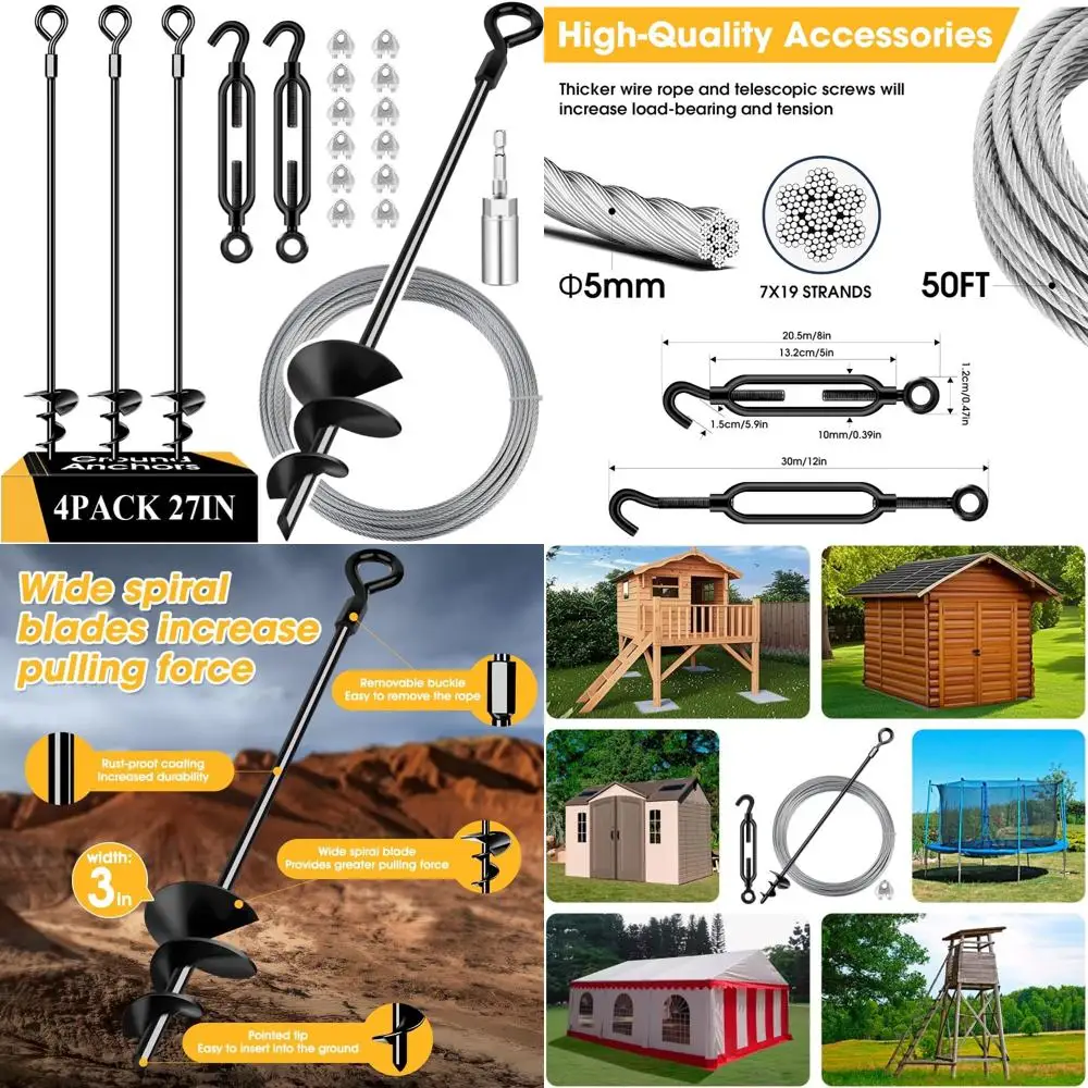 

Комплект заземляющего анкера для батутов и навесов — 27-дюймовые, 4 шт. оцинкованных кабельных анкеров, идеально подходящие для условий с высоким ветром