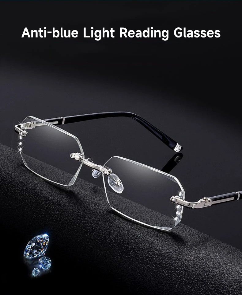 Mode Diamant Anti-blau Licht Lesebrille Frau Mann Randlose Brillen Blockieren Blau Licht Schutz Brillen +1,0 Bis +4,0 – Detail 7