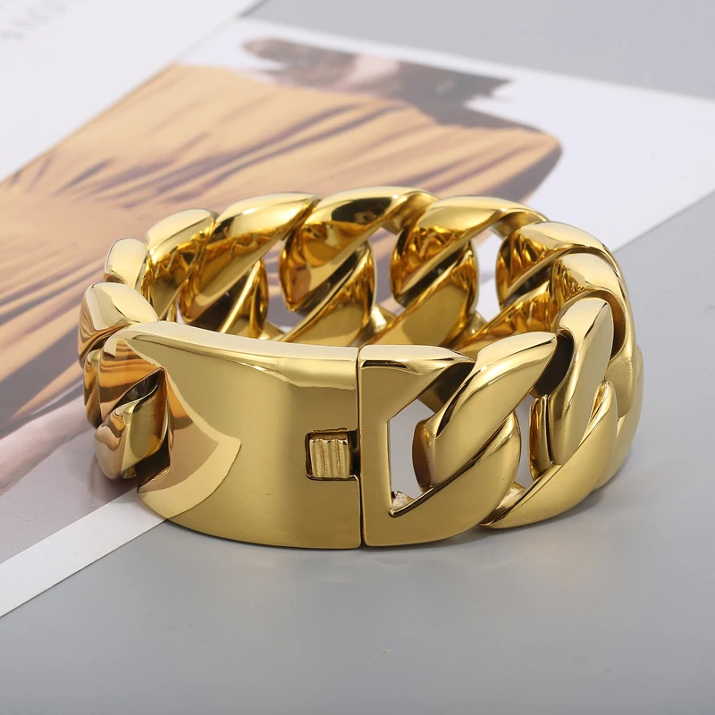 Fongten 31mm Breite Große Schwere Kühlen männer Armbänder Gebürstet Polnischen Edelstahl Chunky Kubanischen Kette Armband Für Männer schmuck – Detail 3