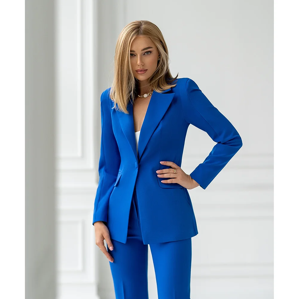 

Fashion Blue Women Pants Sets Two Piece New Arrival Notch Lapel One Button Outfits Elegant Business Casual Suits (Jacket+Pants)