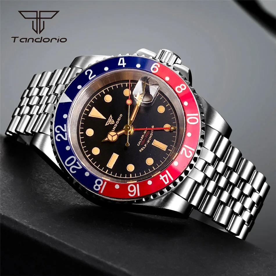 Tandorio GMT NH34 Self-winding 40mm Automatic Steel Watch for Men Sapphire 24H Bezel Date Mechanical Dive Wristwatch Luminous