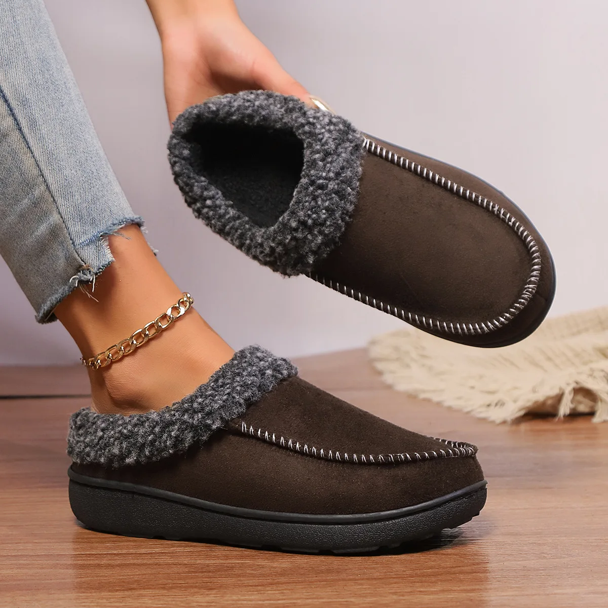 Slippers Men Winter Plush Warm Thick Sole Indoor Non-slip Women Couples Home Shoes Casual Platform Ankle Boots Loafers