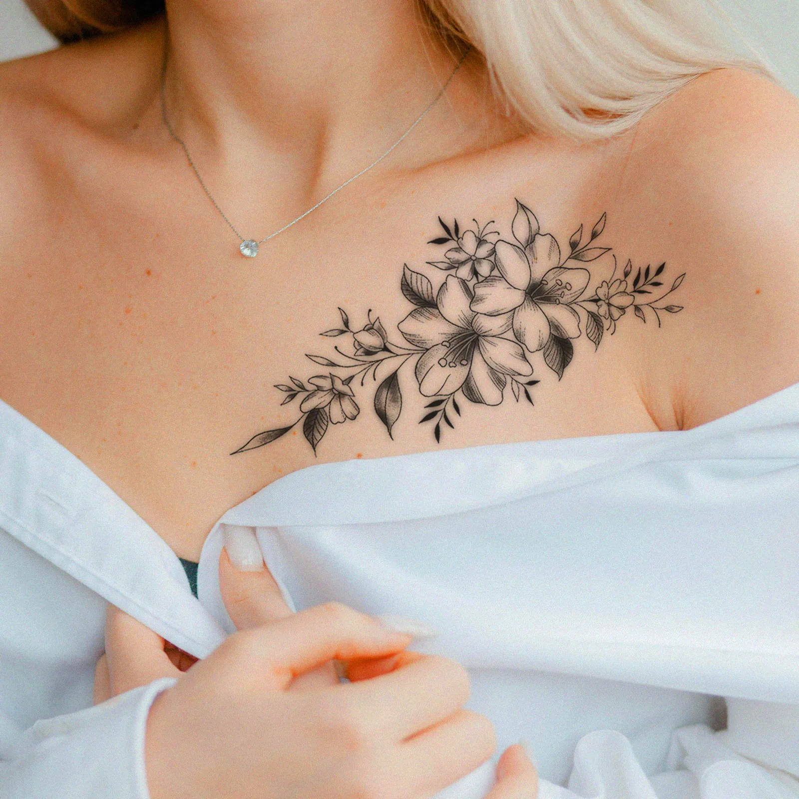 Natural Vine Floral Tattoo Sticker Black Gray Realistic Gradient Waterproof Long Lasting Temporary Tattoo for Women Shoulder
