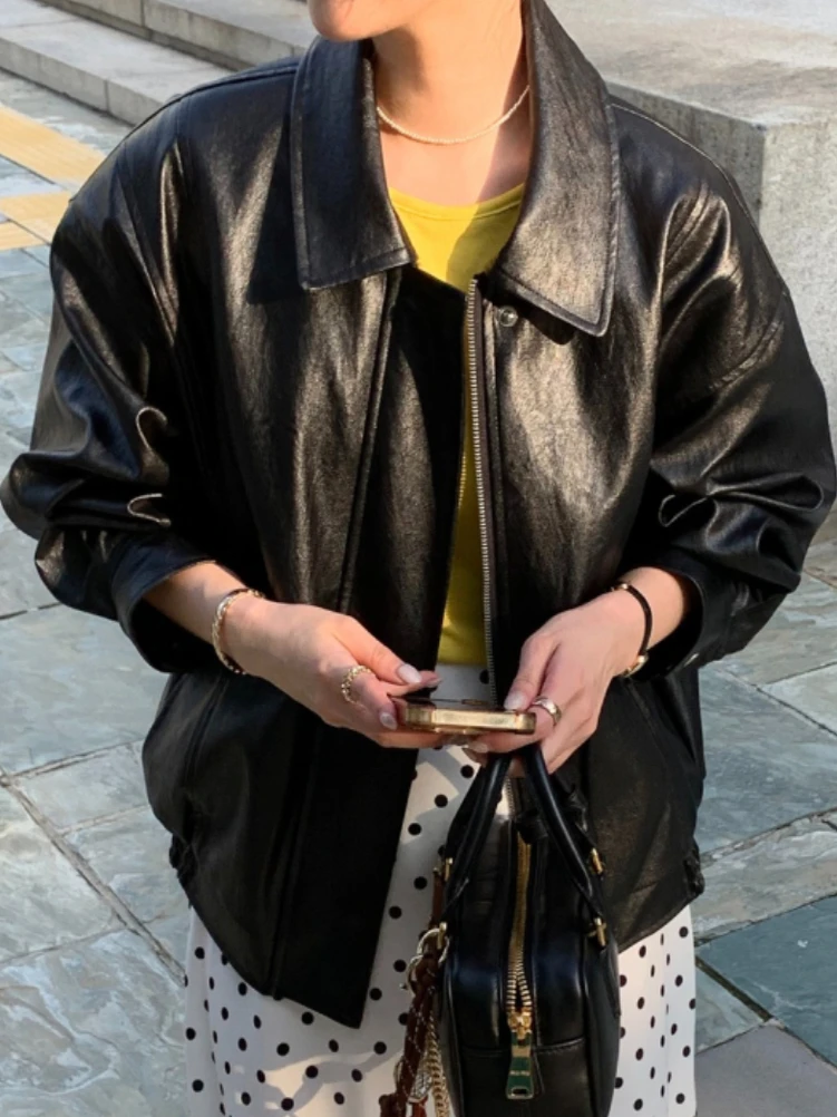 High-End Retro Lapel Neutral Casual Motorcycle Jaet PU Leather Women's Korean Sle Versatile Bla Outerwear