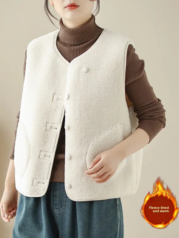 

White Lamb Fur Vest Women's ort Svel Outerwear Casual Sle Layering Jaet Small Size round Ne Thiened Winter Coat