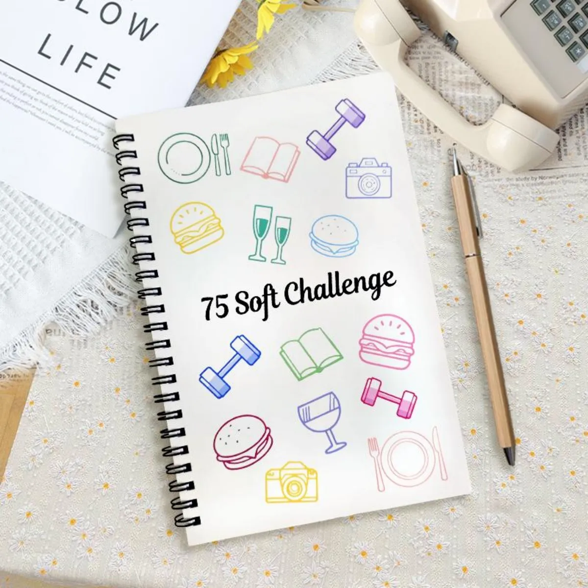 

Журнал для отслеживания прогресса Soft Challenge Tracker на 75 страниц – блокнот на спирали для фитнеса и ведения дневника привычек для ежедневного учета прогресса