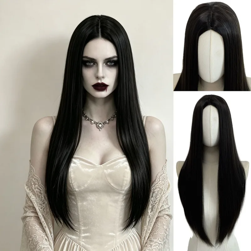 Middle-parted black long straight Halloween retro dark vampire noble cosplay wig full headpiece