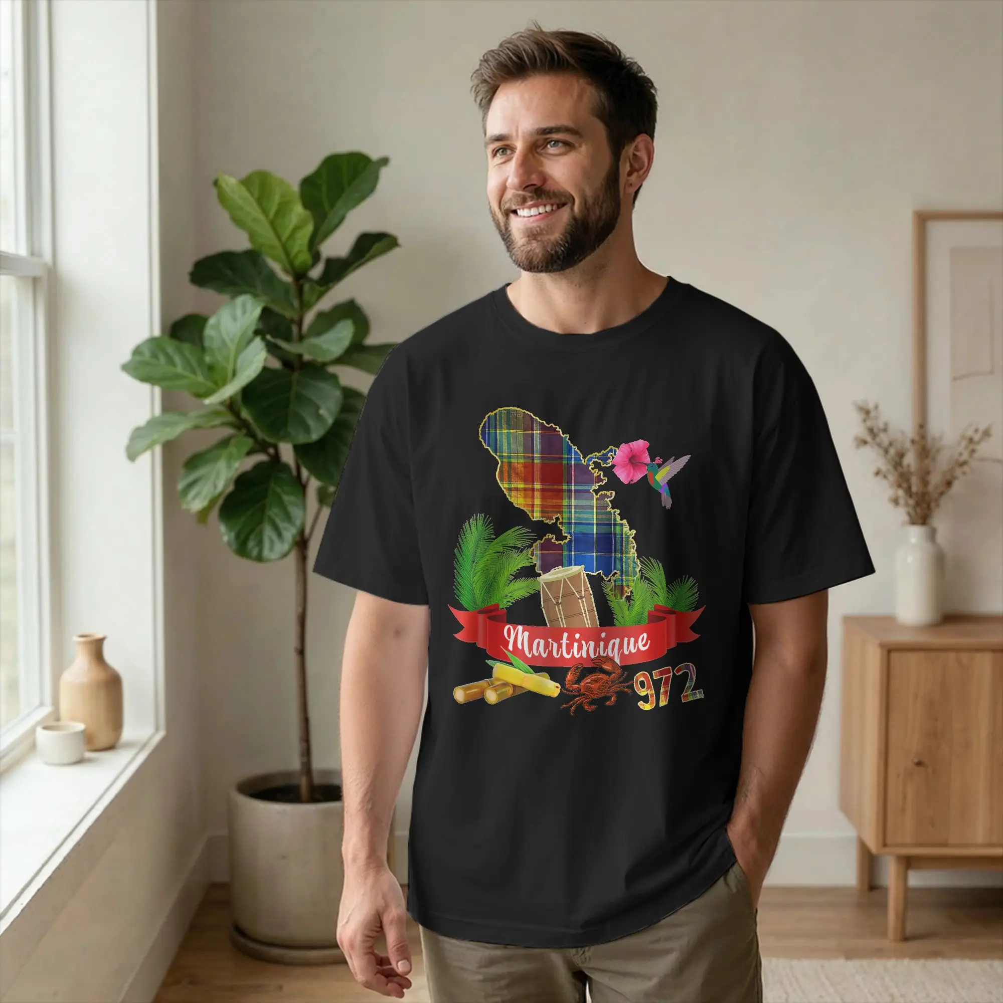 Map of Martinique 972 Madras Men T Shirts French West Indies Hipster Tee Shirt Round Neck T-Shirt 100% Cotton Plus Size Clothing