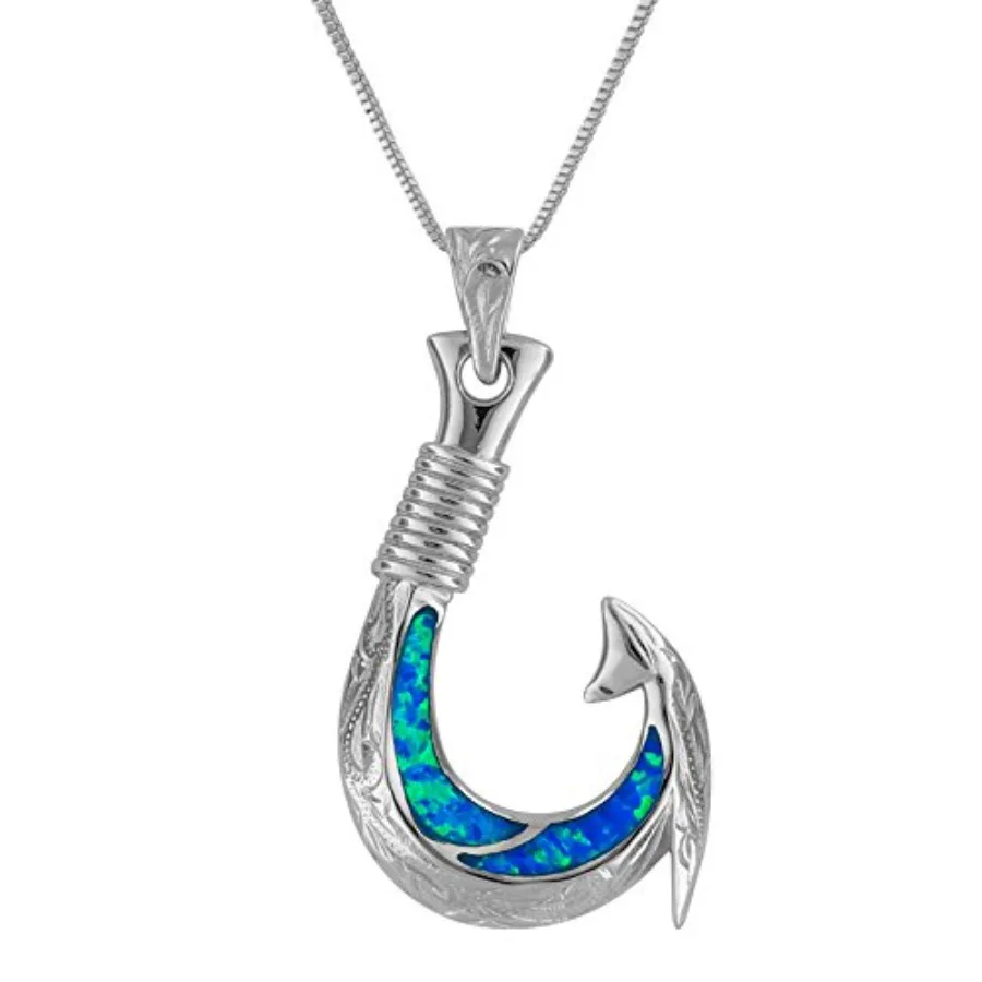 

Sterling Silver Synthetic Blue Opal Fish Hook Pendant Necklace 18"