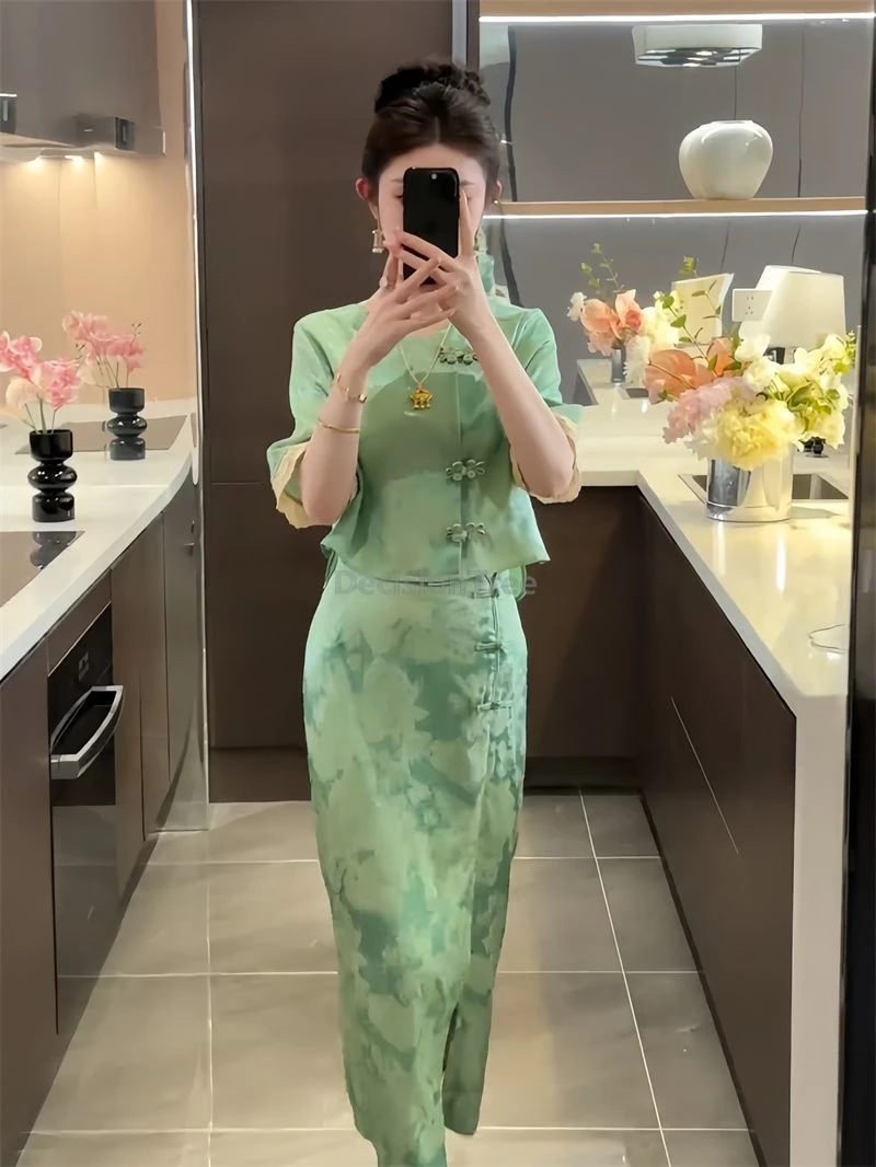 Immagine 4: Completo tailleur due pezzi elegante e vintage da donna, con stampa artistica e letteraria, stile cinese, per l'ufficio, collezione 2026