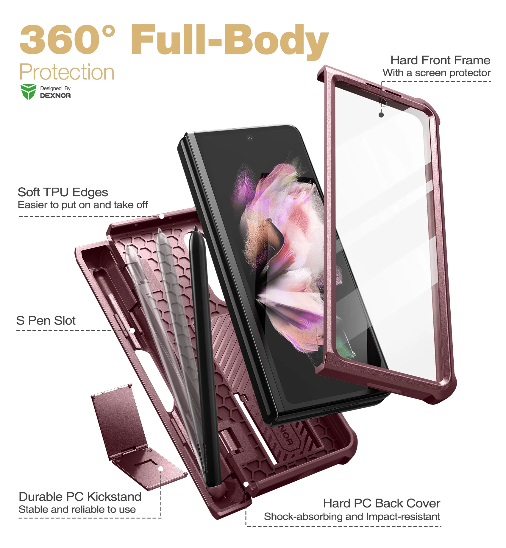 For Samsung Galaxy Z Fold 3 Full Body Bumper Military Shockproof Shell Case Holder with Built-in Screen Protector &S Pen Slot