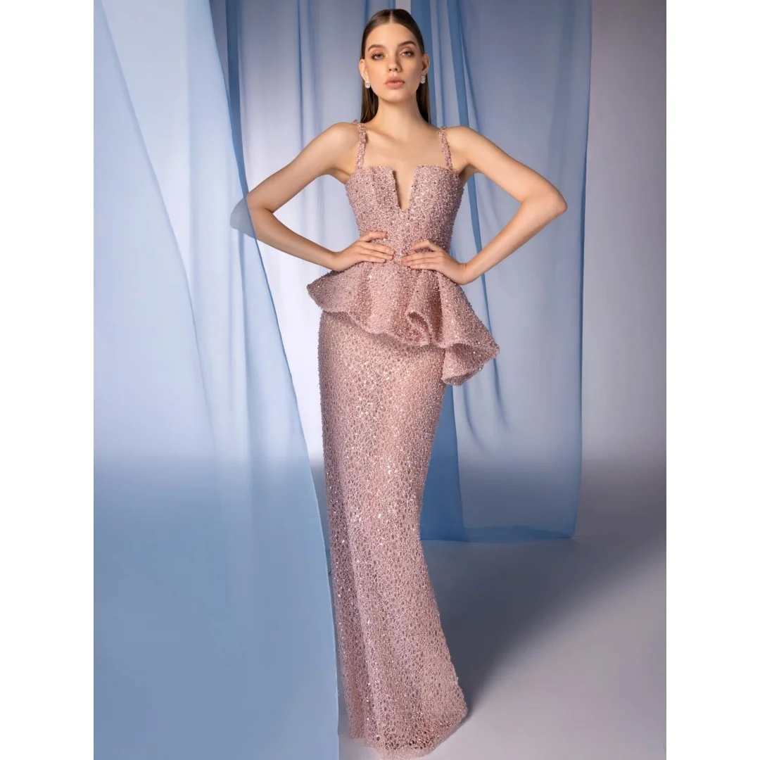

Exquisite Lace Sequined Evening Dresses Beading Spaghetti Straps Ruffles Prom Dress Luxury Party Gown Gala Vestidos Customized