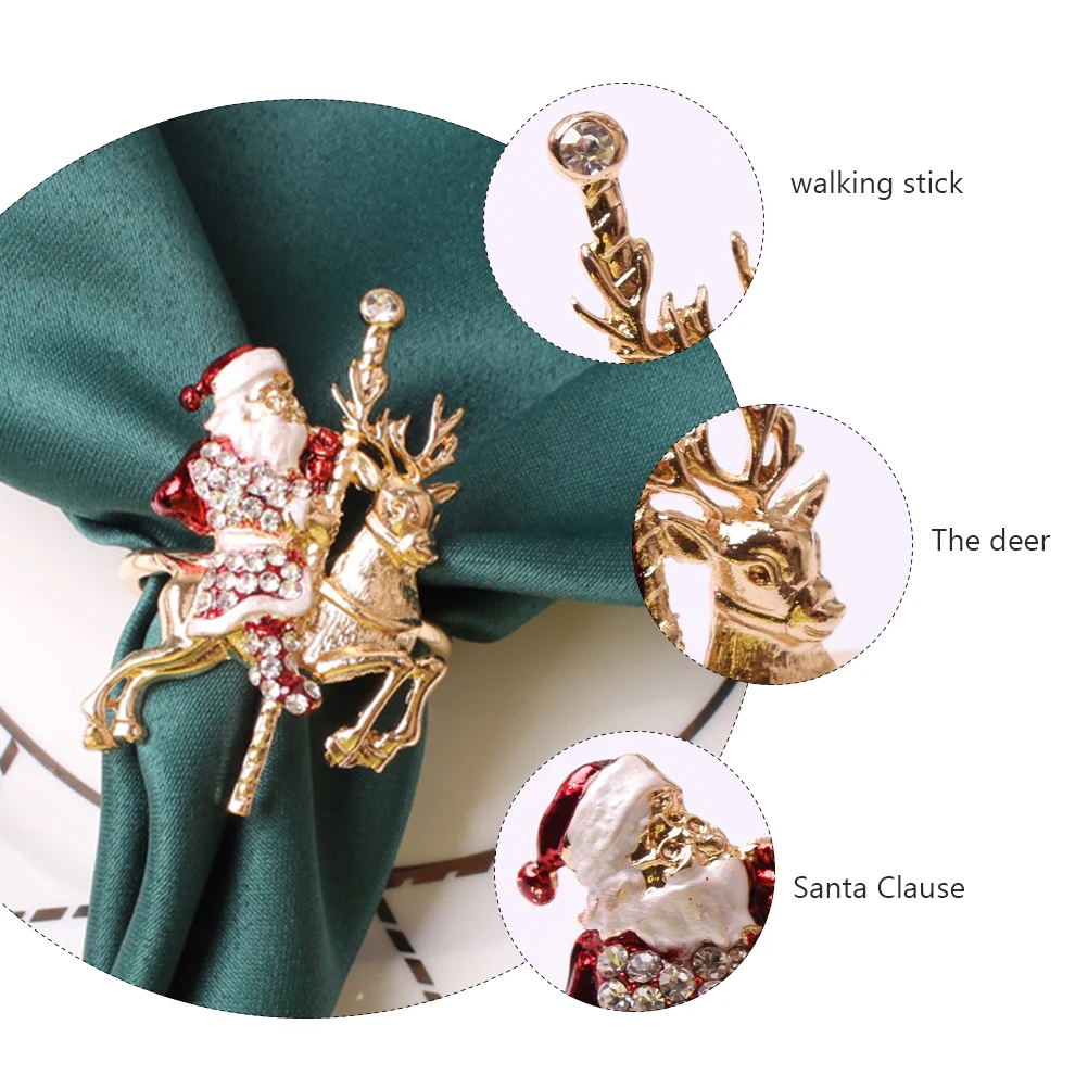 

2 pcs Napkin Ring Christmas Decor Banquet Alloy Buckle Centerpieces Bright Color Santa Clause Elegant Style Deer Atmosphere