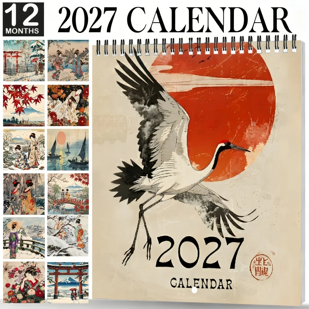Japanese Landscape 2027 Hanging Calendar Red Crowned Crane Mount Maple Leaves Illustrations Hanging Monthly Planner Home Office