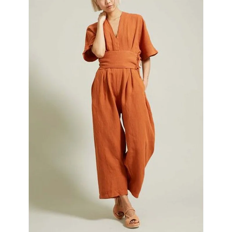 

TEELYNN Solid Cotton Linen Jumpsuits for Women Vintage V Neck Belt Loose Jumpsuit Summer Boho Beach Casual Overalls Jump Suits