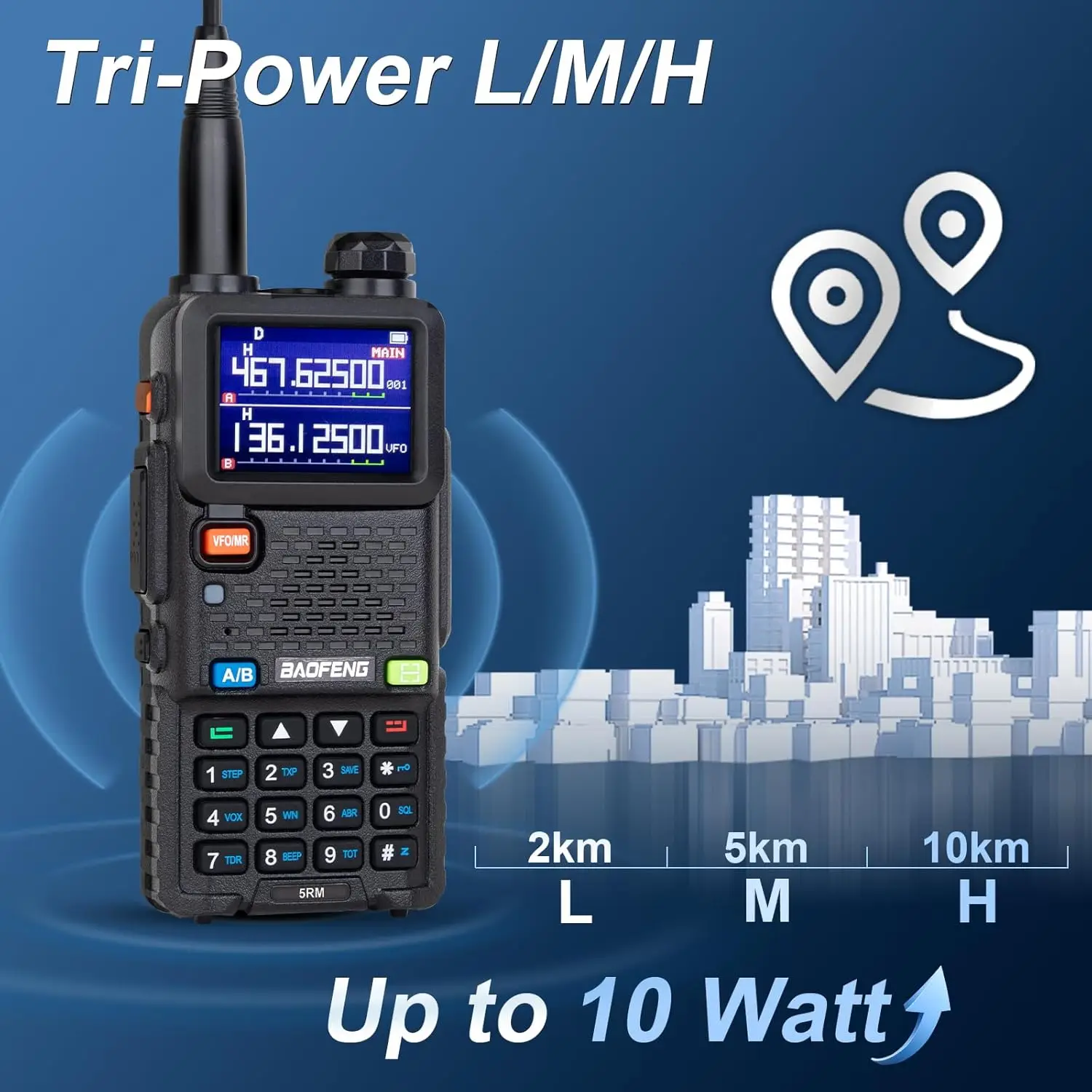 BAOFENG 5RM 10W Radioaficionado de largo alcance UV5RM GMRS Radio portátil Radio bidireccional NOAA receptor meteorológico recargable paseo de largo alcance