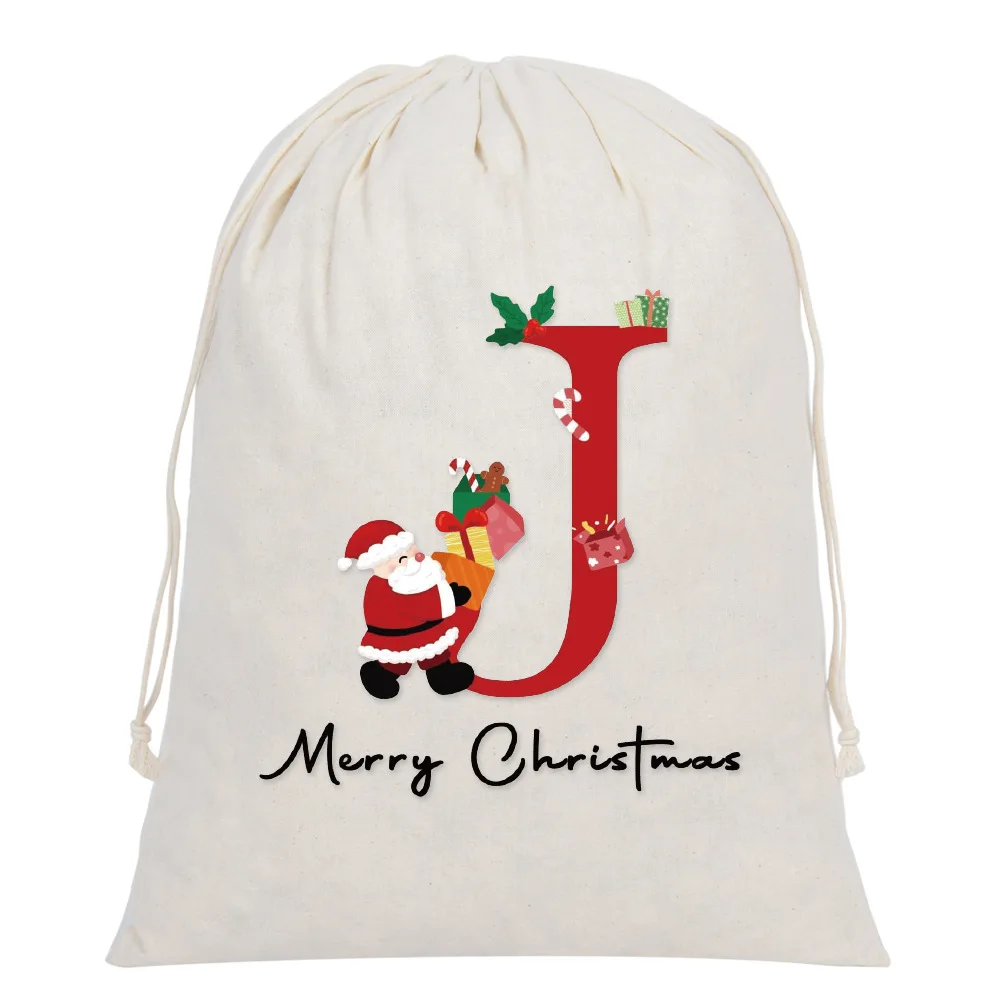 10pcs/Lot 30*40cm Santa Claus Letter Cotton Fabric Bag Big Draw String Bags Christmas Gift Storage Pouch