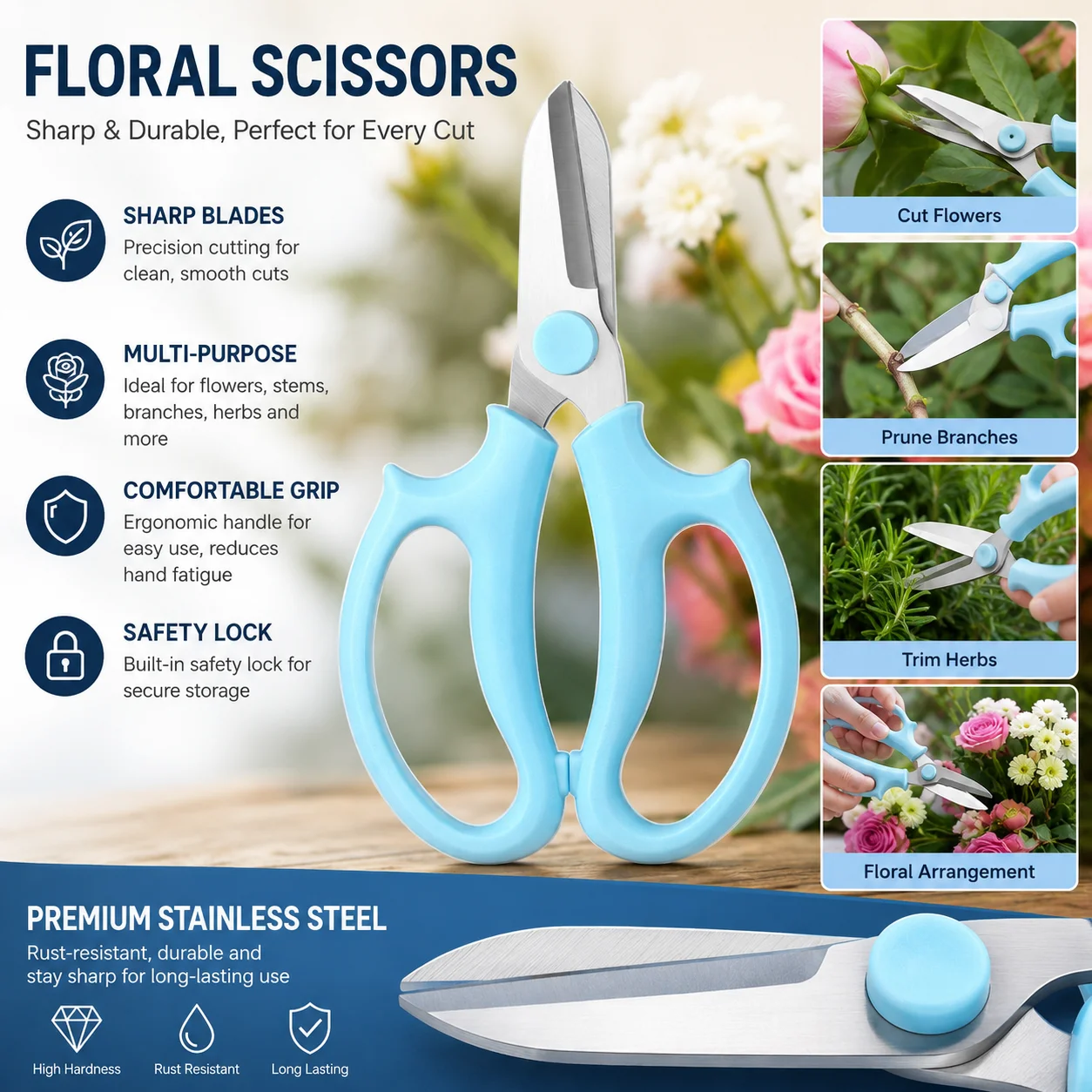 Professional Floral Scissors Stainless Steel Flower Pruning Shears Garden Clippers for Cutting Stems Herbs Branches Arranging