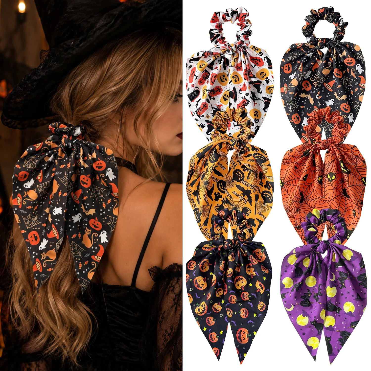 1PC Halloween Printed Bow Scrunchies Long Ribbon Hair Ties Pumpkin Ghost Pattern Party Ponytail Holder Holiday Hair Decor