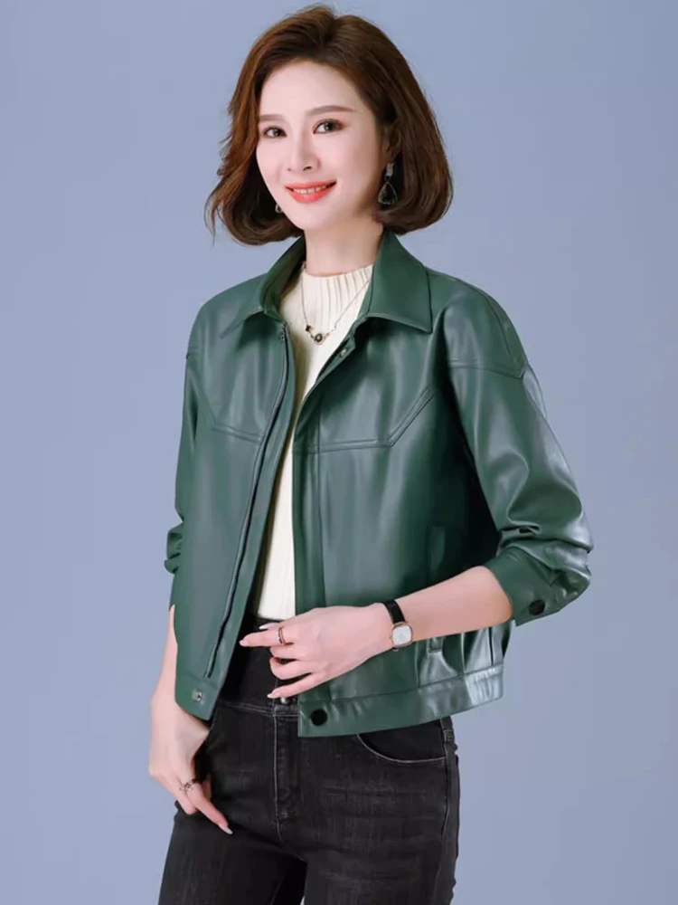 New Women Casual Leather Jacket Spring Autumn Fashion Turn-down Collar Long Sleeve Short Sheepskin Coat Split Leather Jacket