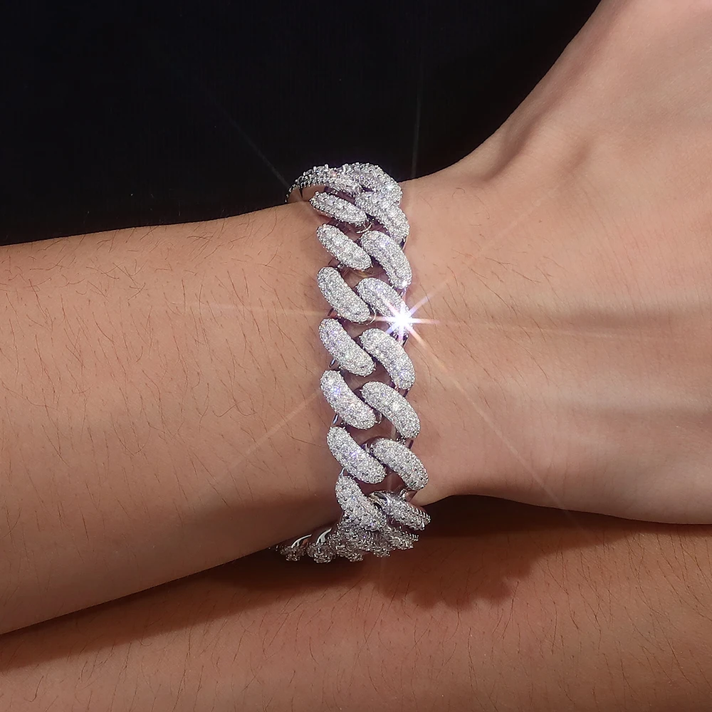 

Provence S925 Silver Cuban Chain Bracelet for Men Moissanite Round Cut Rapper Bangles Hip Hop Bracelets Miami Link Chain for Man