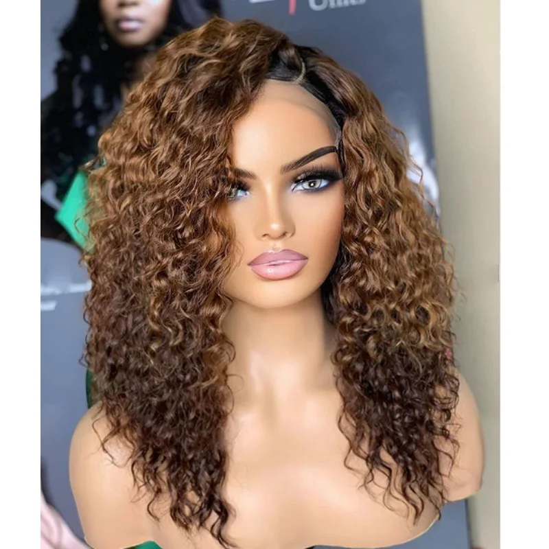 

Long 26 Inch 180% Density Glueless Soft Preplucked Ombre Blonde Kinky Curly Lace Front Wig Fiber For Black Women With Baby Hair