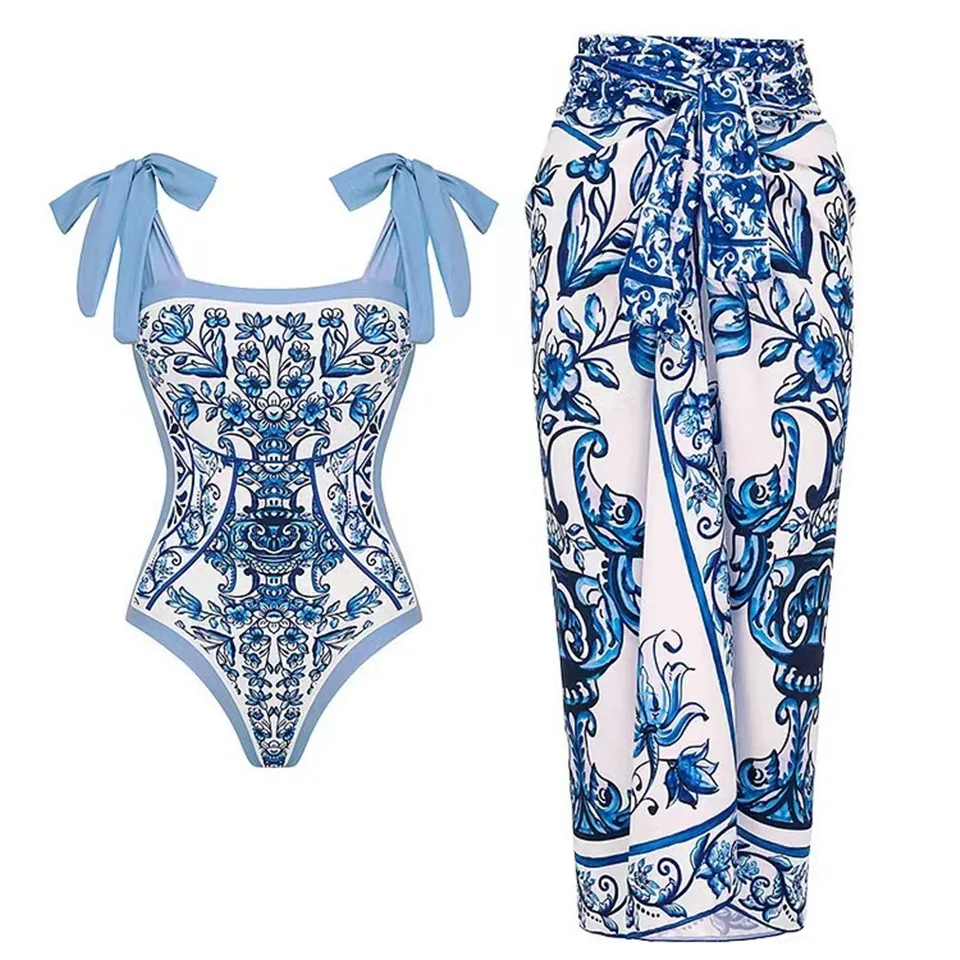 

One Piece Lace Up Swimsuit & Beach Skirt 2024 Women Vintage Print Swimwear Padded Bathing Suit Female Bather Swimming Bodysuit