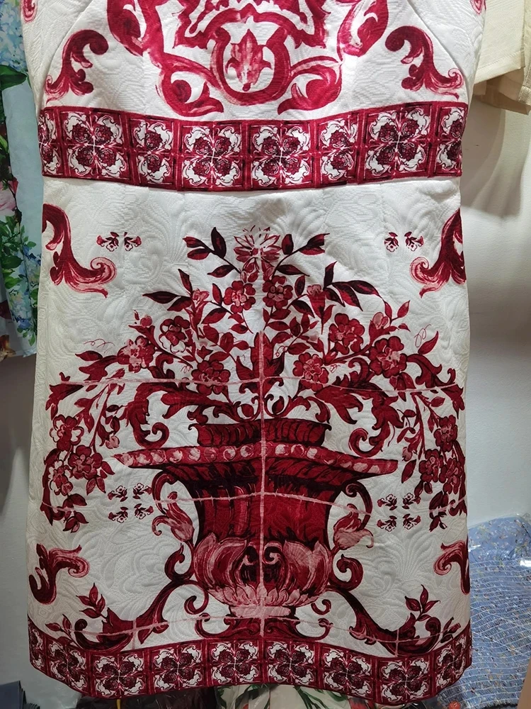 Junlinna 100% Polyester rot Porzellan Print Kleid Sommer Frauen O-Ausschnitt ärmellose Straße Mini Vestidos