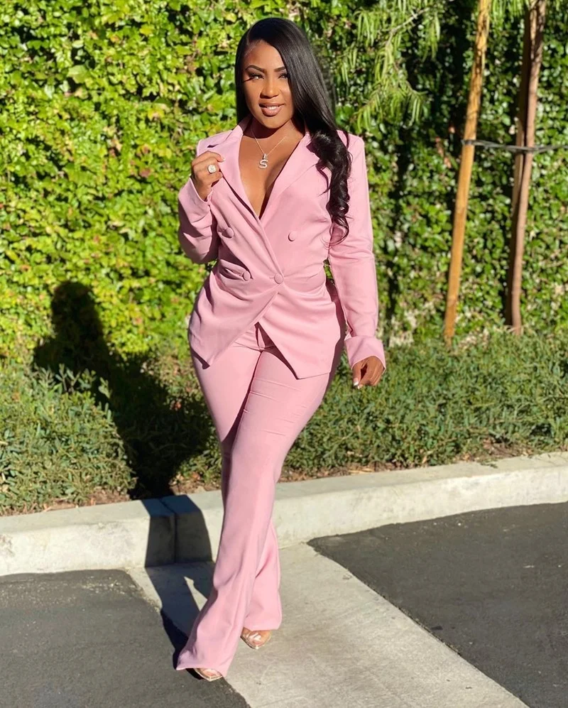 Classic Casual Commute Blazer Suit Two Piece Set Women Solid Color Office Blazer Elastic Band Pant Suits Fashion Trousers OL Set