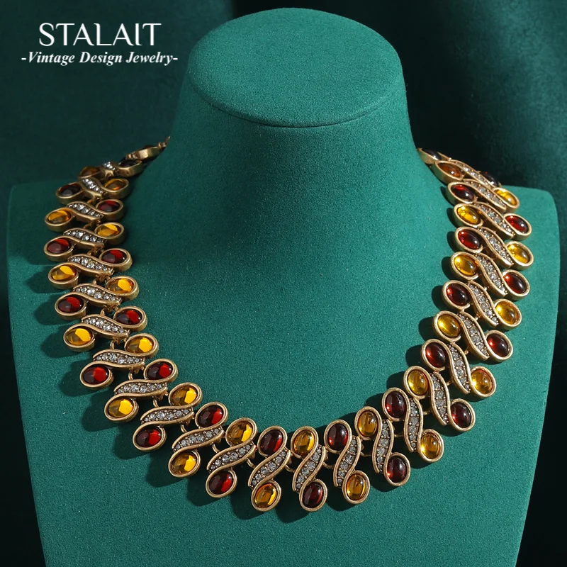 

Vintage Collar Choker Chunky Necklace Luxury Red Yellow Natural Glass Oval Large Statement Rhinestones Jewelry Woman Designer