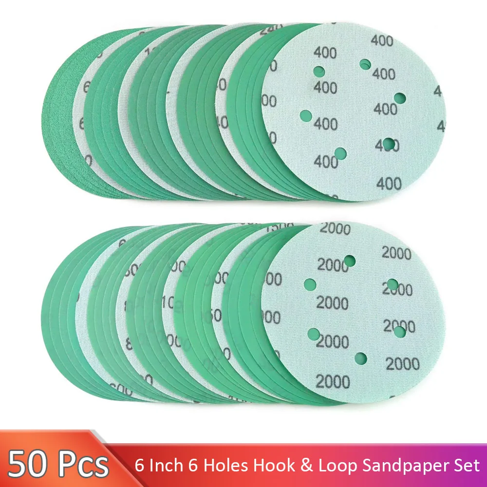 

50 PCS 6 Inch 6 Hole Wet Dry Sanding Discs Hook and Loop Assortment Grit 60 120 150 240 400 600 800 1000 1500 2000 5 of each