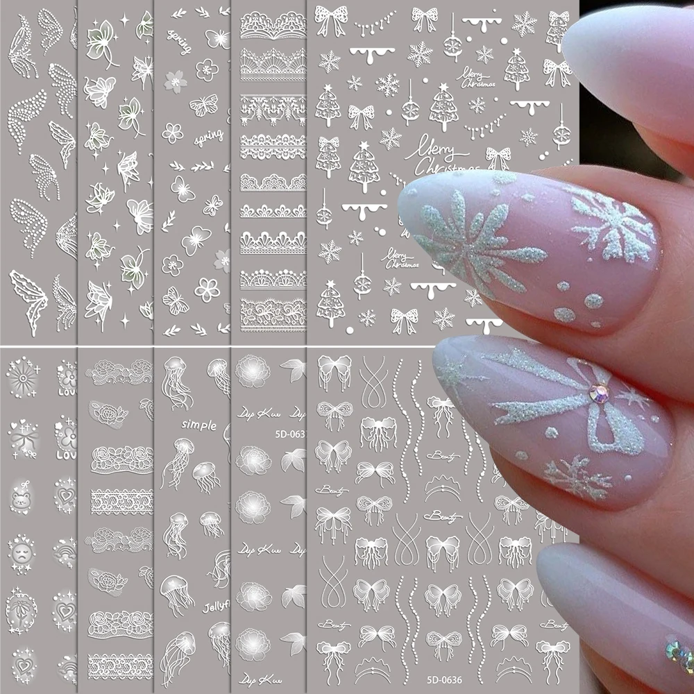 5D encaje blanco en relieve Navidad Nail Art pegatina copo de nieve árbol de Navidad calcomanías de uñas 10X8cm flor Bowknot pegatinas para uñas