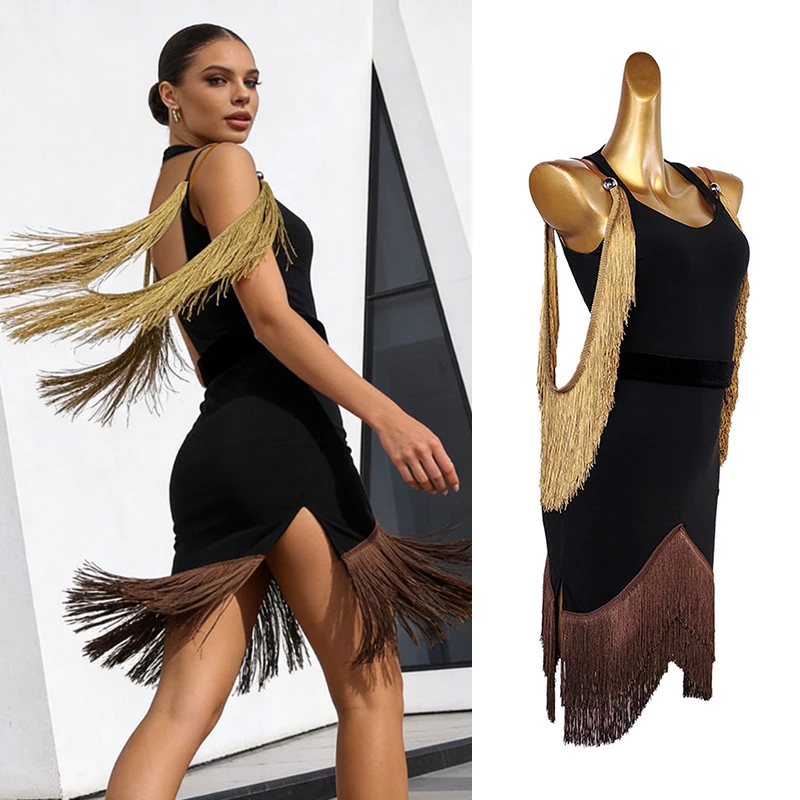 

Золотисто-черные латинские платья с бахромой для женщин 2026: Одежда для выступлений по латиноамериканским танцам, наряды для самбы и ча-ча-ча, тренировочная одежда для взрослых 5458