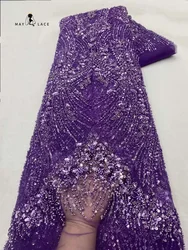 African Lace Fabric Purple Sequins Beaded Embroidery Groom Nigerian Bridal High Quality French Lace Fabrics For Wedding Party