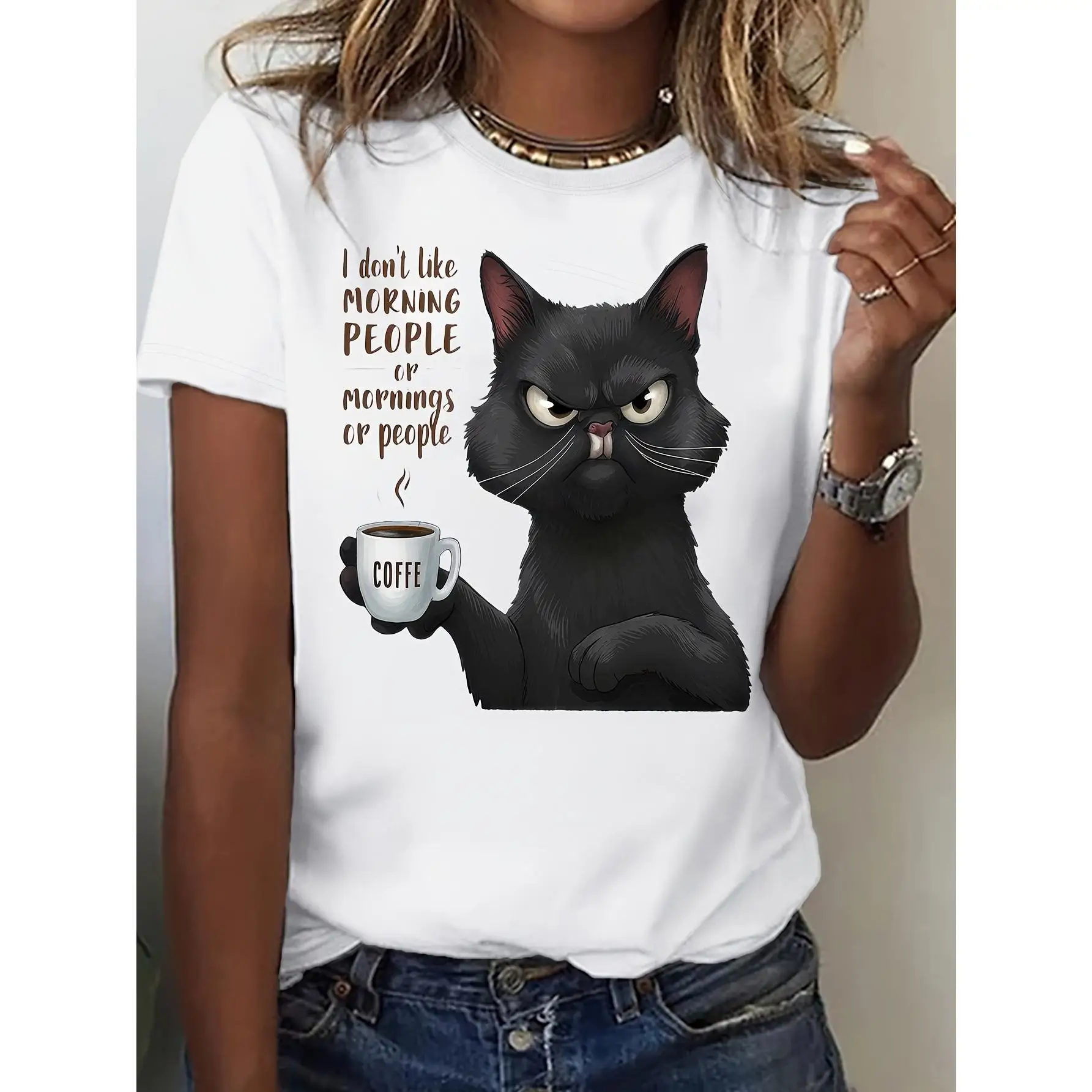 

Funny Black Cat Coffee T-Shirt Women’s Humor Quote Graphic Tee for Pet Lovers, Casual Summer Outfit or Gift Idea