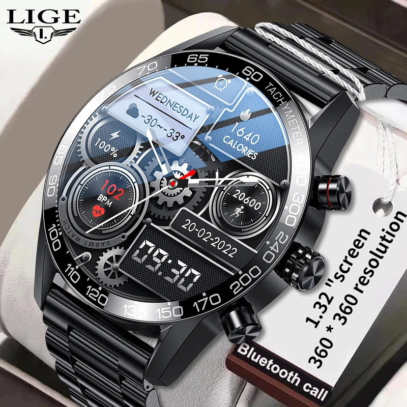 LIGE 2024 New Outdoor Bluetooth Call Smart Watch Men 1.32 inch AMOLED Full Touch Fitness Bracelet Waterproof Smartwatch Men