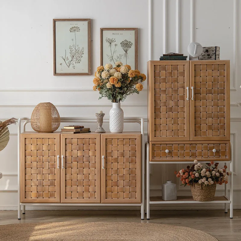 

French retro dining sideboard, solid wood, cream wind woven wood, wall facing foyer, decorative cabinet, living room, wooden