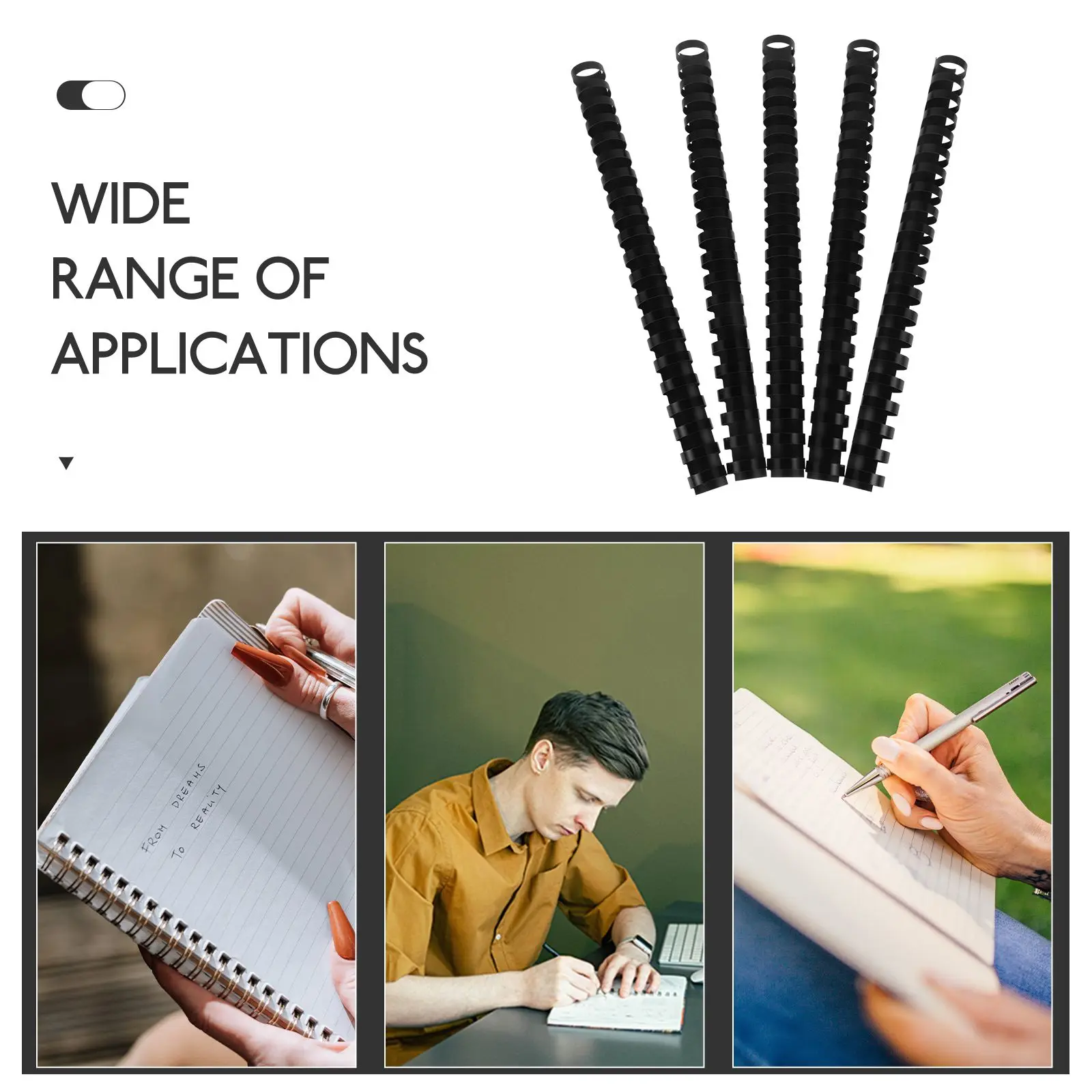 1 коробка из 50 шт. кольцевых палочек с 21 кольцами, пластиковые расчески, переплет с отрывными листами, переплет с текстом (22 мм, черный)