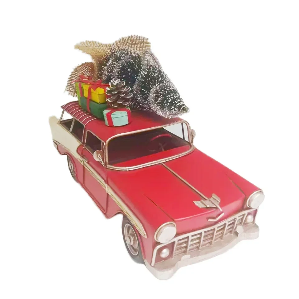 

NEW 2024 Christmas Ornament Retro Car Model With Gift Box On Top Snow Print Handmade Metal Creative Desktop Home Decorations