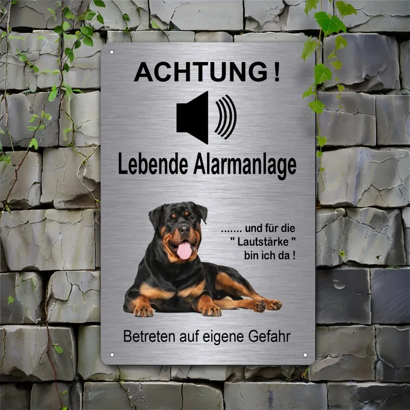 Rottweiler Dog Alarm Sign 2D Flat Iron Outdoor Wall Art, Humorous German Text Metal Plaque, Security Warning Decoration Gift