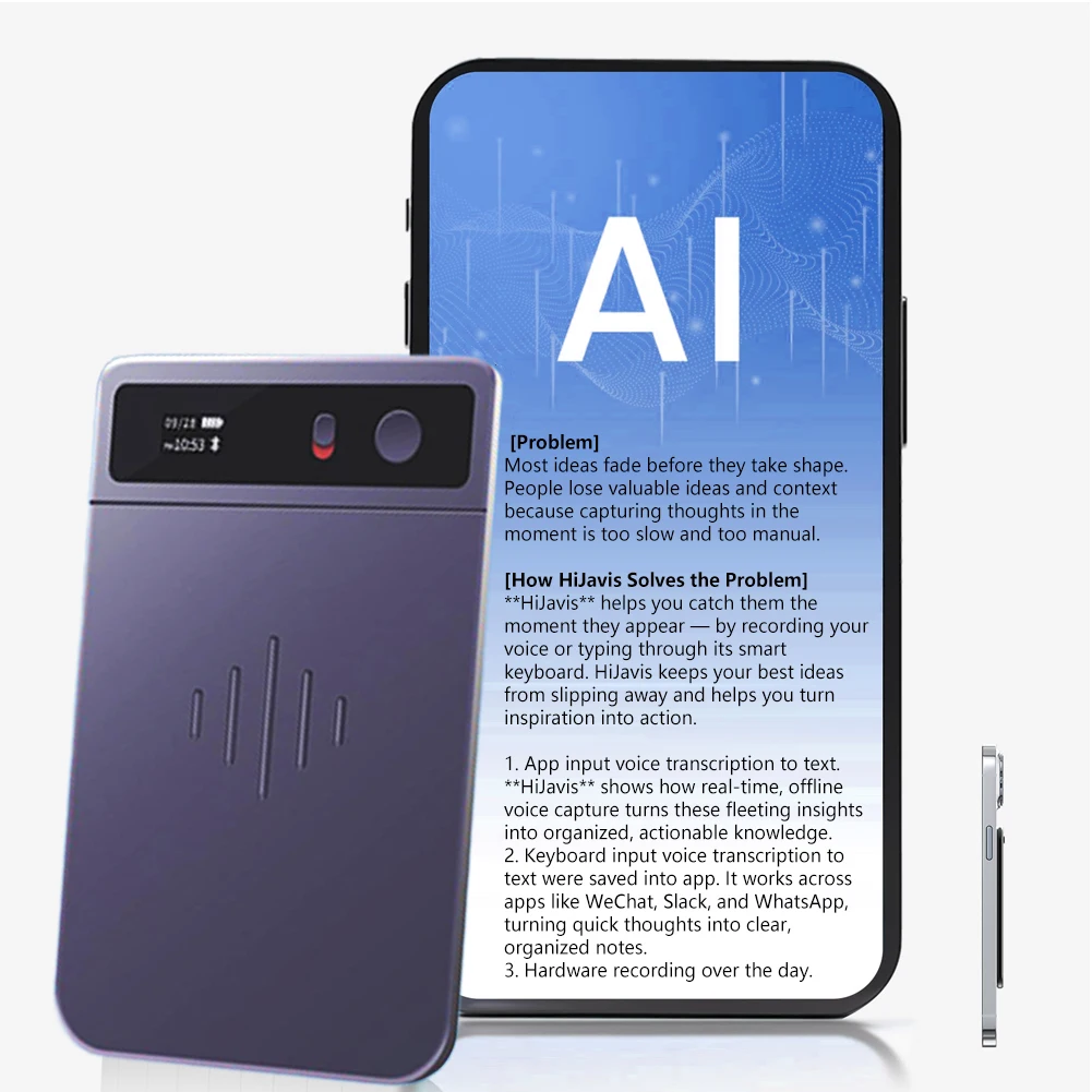 

AI-диктофон HiJavis Smart Idea Recorder - транскрибация голоса через WeChat/Slack/WhatsApp