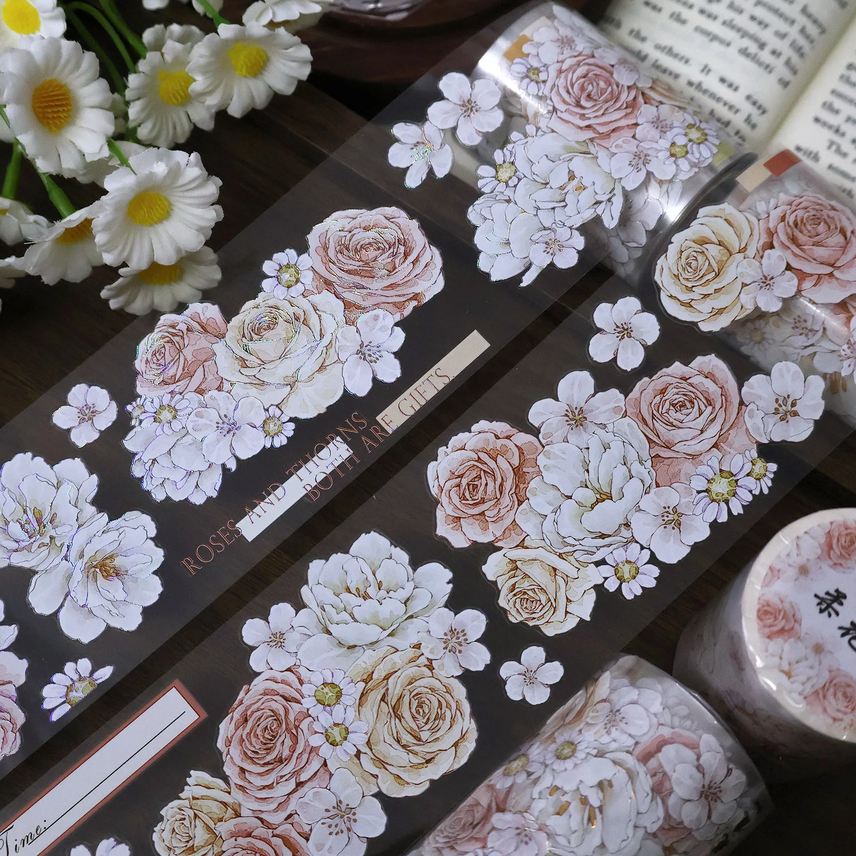 【Rohwa Garden】Vintage Orange Pink Rose Washi PET Die Cut Shell Silver Journal Tape