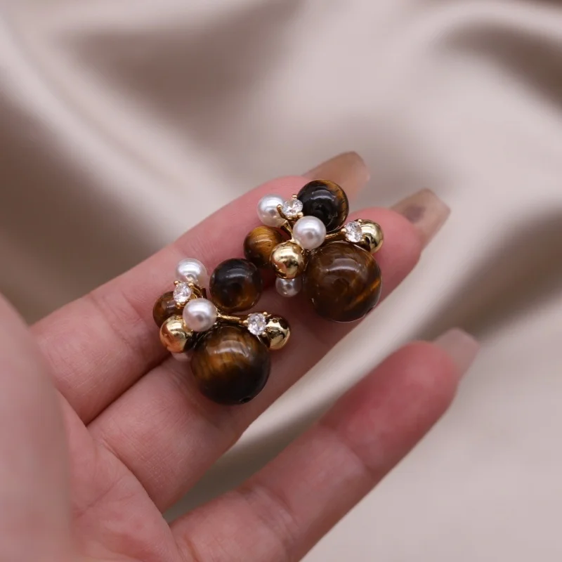 مجوهرات عصرية بتصميم كوري جديد عيار 14 قيراط مطلية بالذهب والفشار والخرز البني والأقراط الرجعية الأنيقة والإكسسوارات اليومية النسائية #6