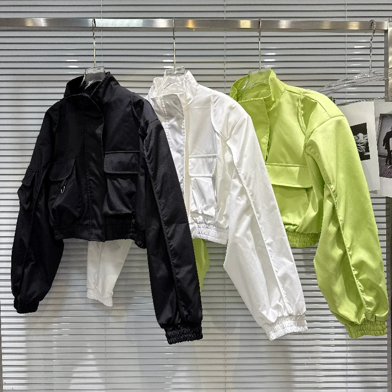 Women Sweet Cool Cargo Jacket Stand Collar Zipper Long Sleeve Multi Pockets Elastic Hem Streetwear Short Coat Black White Green