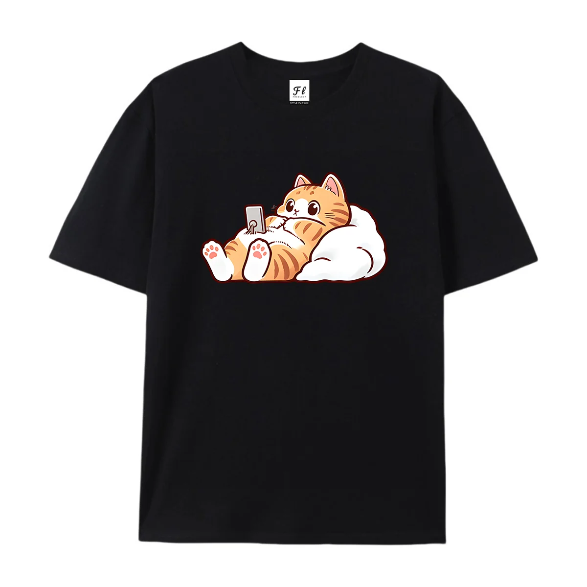 Women Men Chubby Orange Cat Lying On Pillow Playing Phone Graphic T Shirt Summer Casual Short Sleeve Cotton Tee Kitten Print