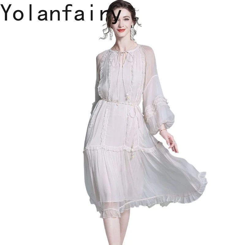 YOLANFAIRY الراقية 100% فساتين حرير التوت الطبيعي للمرأة الخريف أنيقة شيك فستان طويل ملابس النساء فساتين عطلة