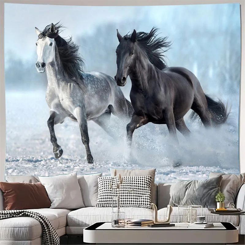Majestic Horses Wall Tapestry Canvas Print Rustic Farmhouse Decor Art for Living Room Hallway Galloping Equestrian Animal Wall H